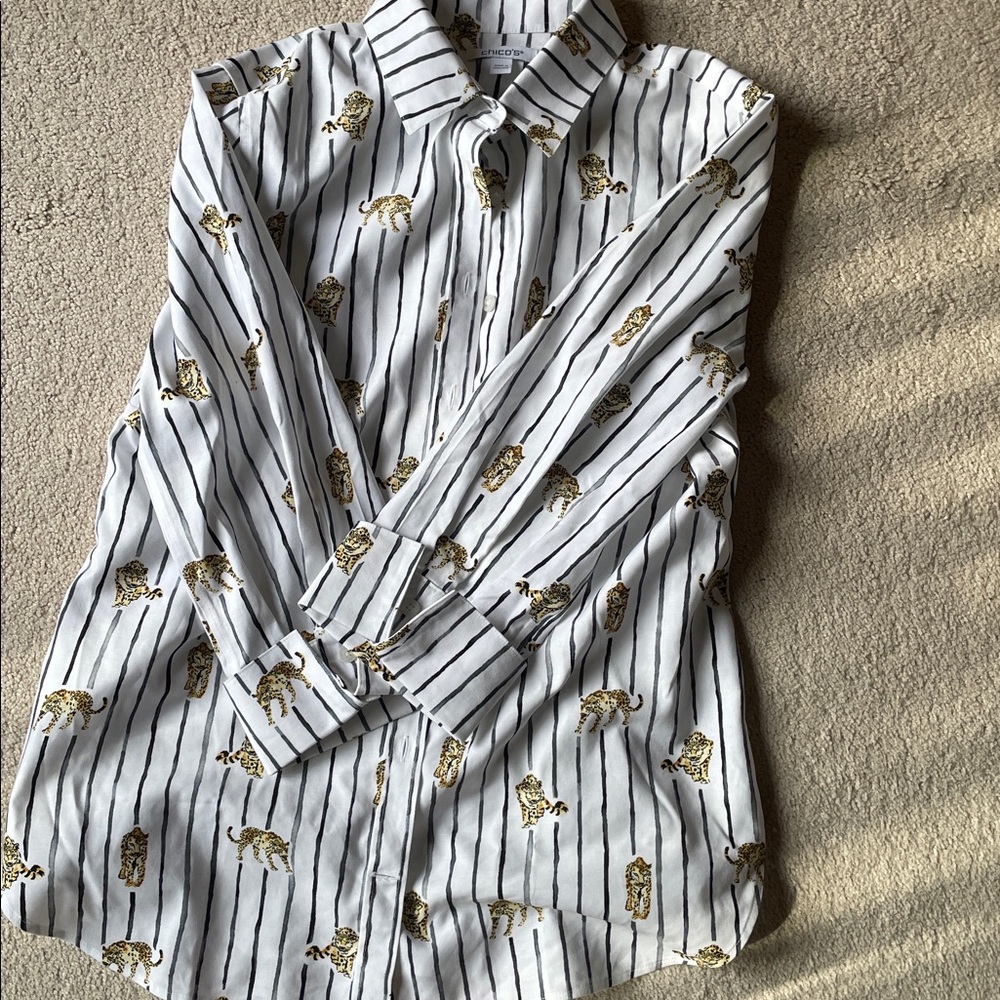Chico’s White Striped Shirt with Animal Print